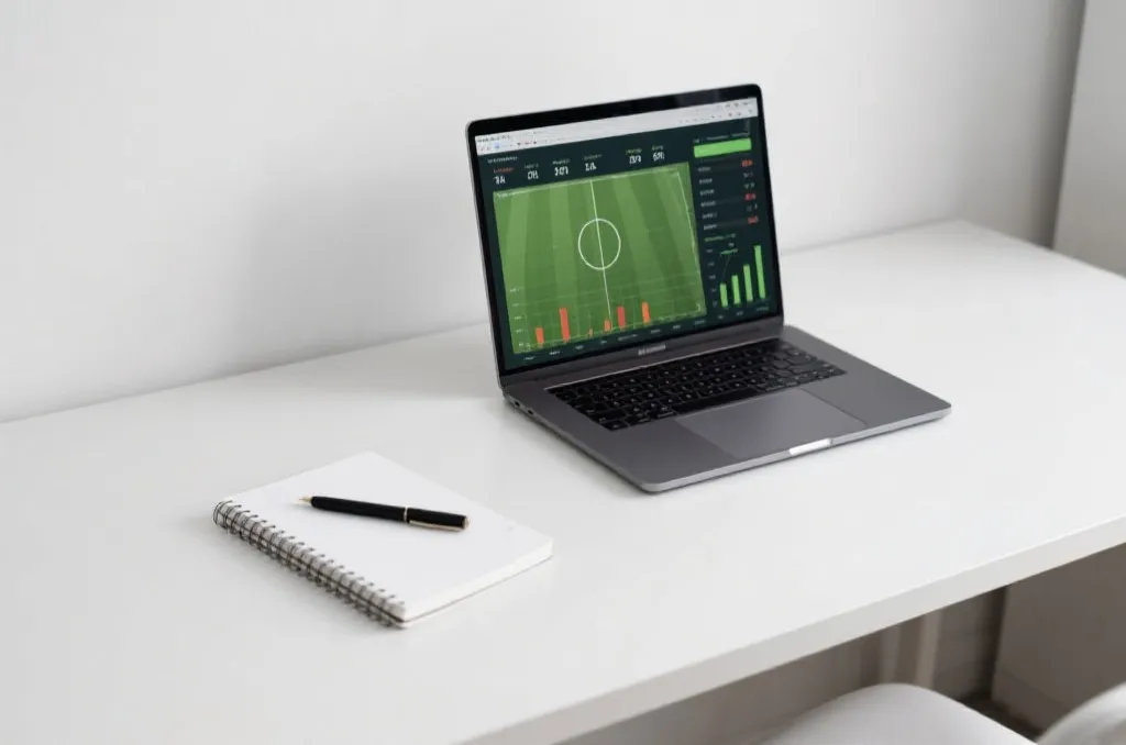 Clean workspace with a notebook, a pen, and a laptop displaying generic football match statistics and charts