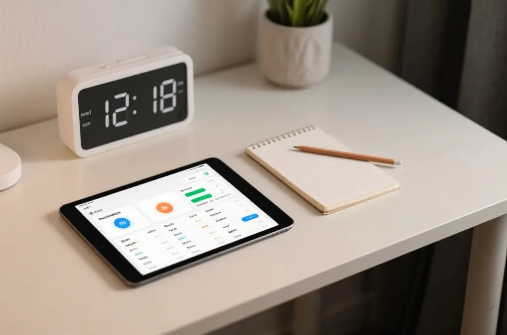 An organized workspace with a tablet showing a generic sports statistics application, a digital clock displaying early morning time, and a clean notepad with pencil, neutral and professional